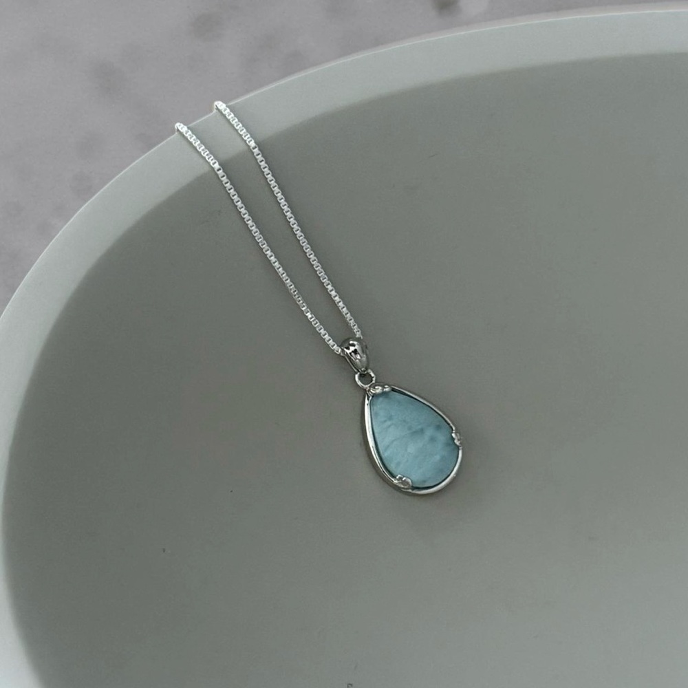 925 Sterling Silver Natural Larimar Teardrop Necklace! NEW! - Picture 6 of 6